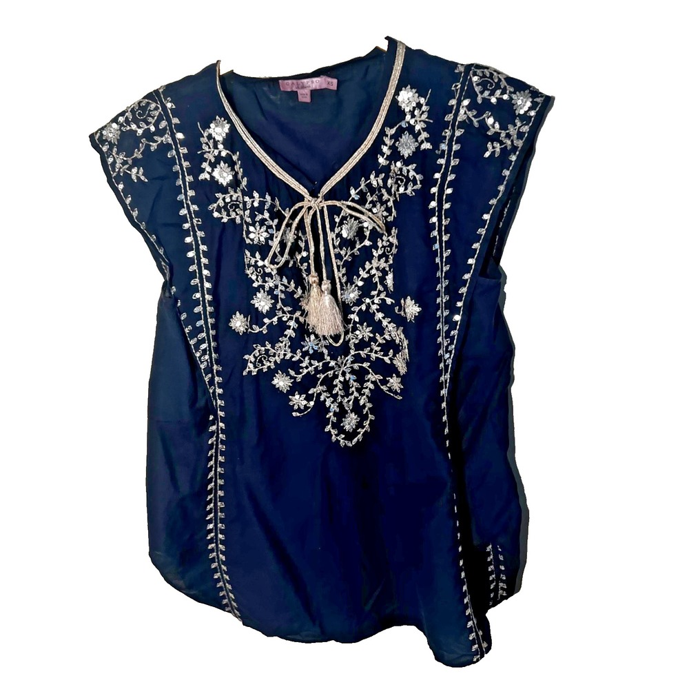 Calypso St Barth Navy Embroidered Tunic Top S Boho Sequin Tassel Gold Cotton